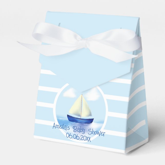 Personalized Blue Sailboat Baby Shower Favor Box (Front Side)