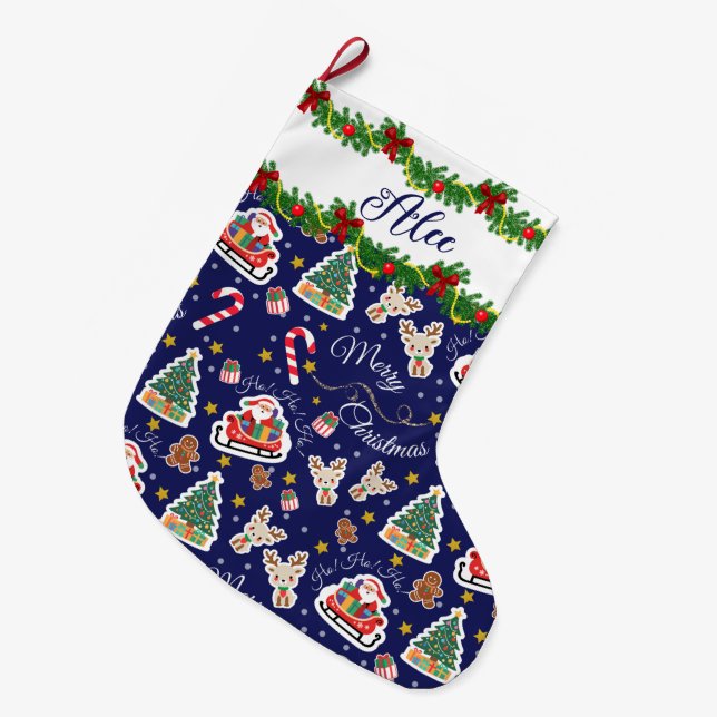 Personalized Blue Santa Merry Christmas  Large Christmas Stocking (Front (Hanging))