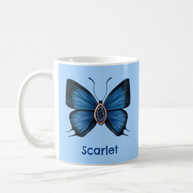 Personalized Blue Sapphire Butterfly Gemstone Coffee Mug (Left)