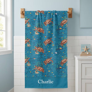 Personalized Blue Sea Turtle Bath Towel