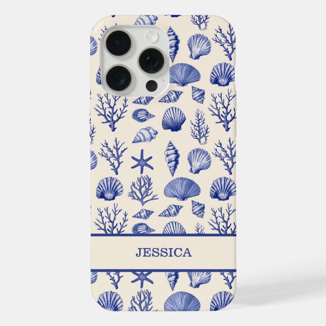 Personalized Blue Seashell Coastal Ocean Beach iPhone Case (Back)