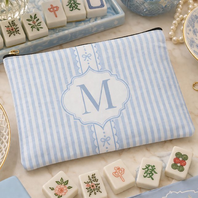 Personalized Blue Seersucker Mahjong Tile Bag (Creator Uploaded)