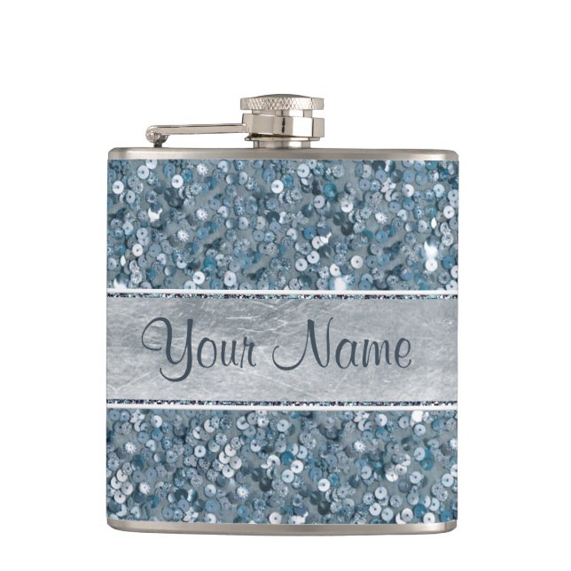 Personalized Blue Sequins Silver Foil Hip Flask (Front)