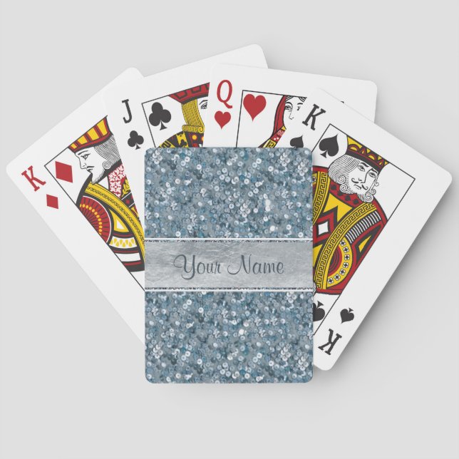 Personalized Blue Sequins Silver Foil Look Playing Cards (Back)