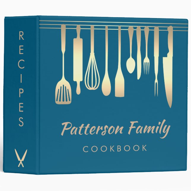 Personalized Blue Silver Family Recipe Cookbook 3  Binder (Front/Spine)