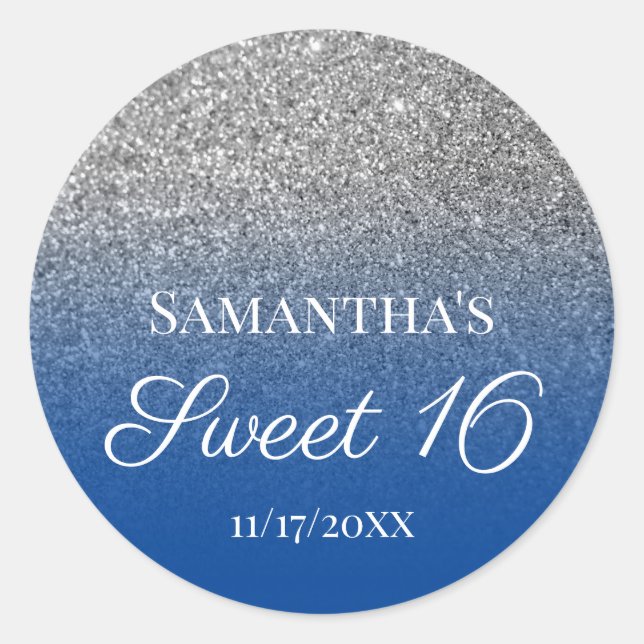 Personalized Blue Silver Ombre Glitter Sweet 16 Classic Round Sticker (Front)