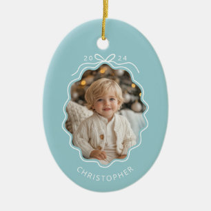 Personalized Blue Simple Bow Wavy Photo Christmas Ceramic Ornament