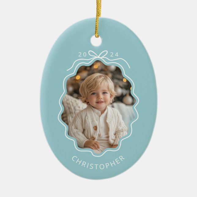 Personalized Blue Simple Bow Wavy Photo Christmas Ceramic Ornament (Front)