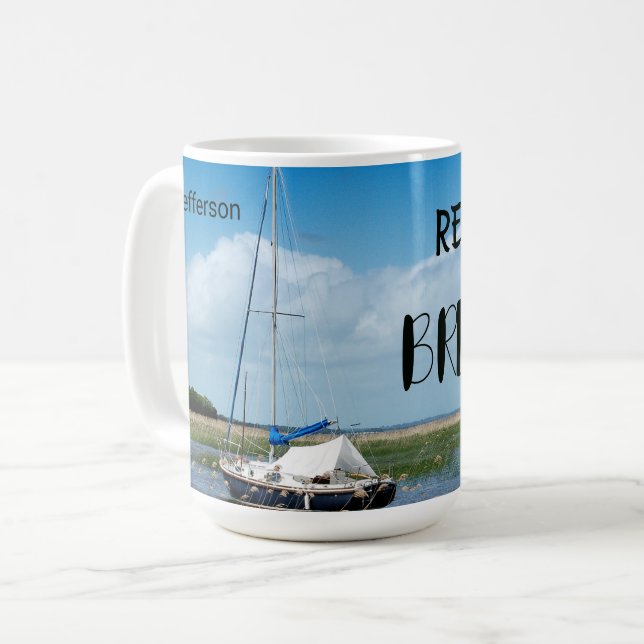 Personalized Blue Sky Sailboat & Sea Coffee Mug (Front Left)