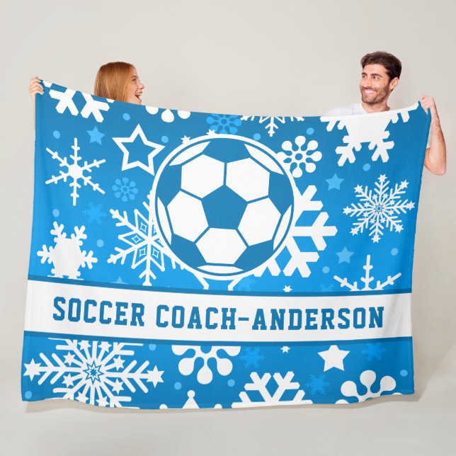 Personalized Blue Snowflakes Soccer Coach Name Fleece Blanket (In Situ)