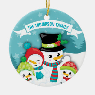 Personalized Blue Snowman Family Christmas Ceramic Ornament