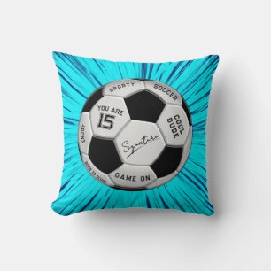 Personalized Blue Soccer Ball Birthday Age Name Throw Pillow