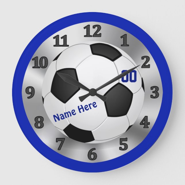 Personalized Blue Soccer Clock, NAME and NUMBER Large Clock (Front)