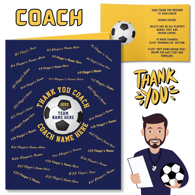 Personalized Blue, Soccer Coach Thank You Card (Soccer Coach Thank You Card. Cheap soccer coach gift ideas. Soccer coach card. )
