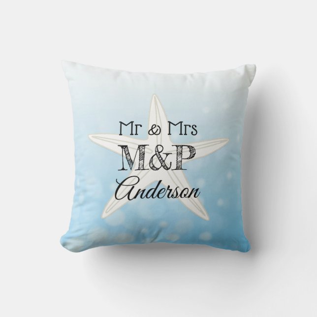 Personalized Blue Starfish Beach House Pillow (Front)
