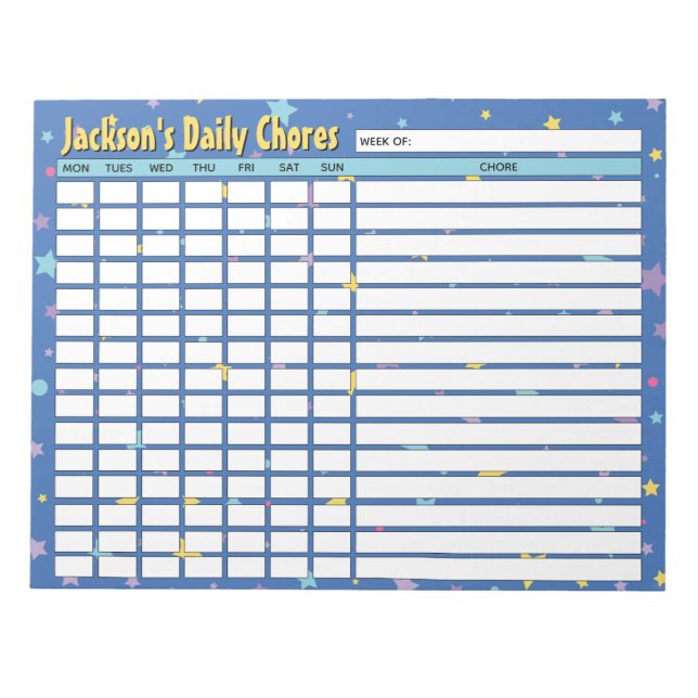 Personalized Blue Stars Daily Chores Chart Notepad (Front)