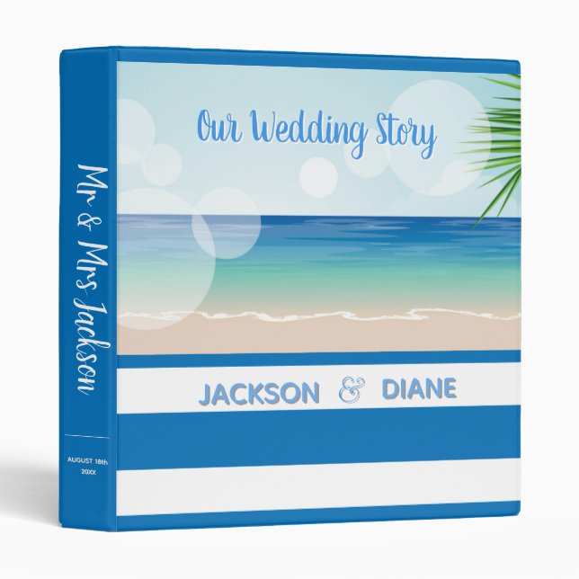 Personalized Blue Stripe Beach Wedding Day Binder (Front/Spine)