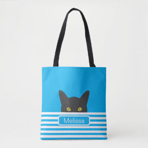 Personalized Blue Stripe Peeking Black Cat Tote Bag