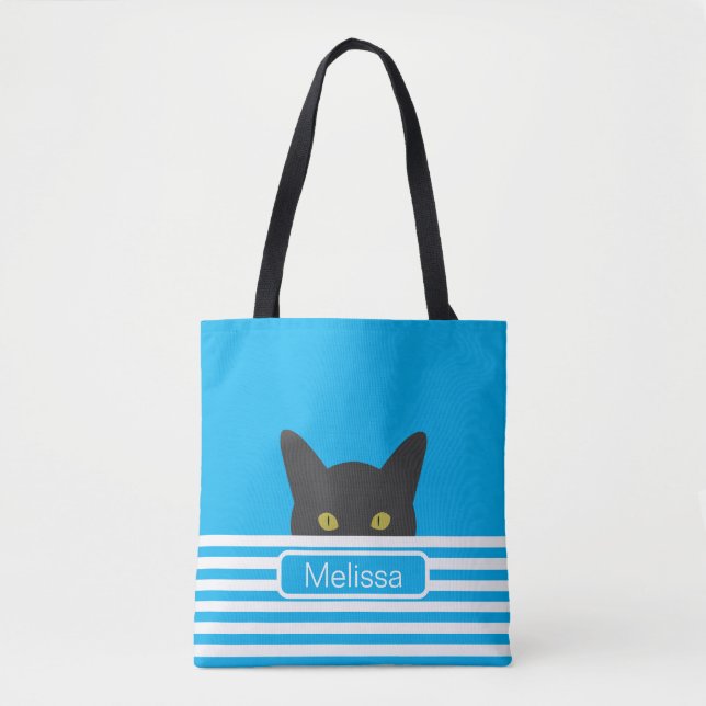 Personalized Blue Stripe Peeking Black Cat   Tote Bag (Front)