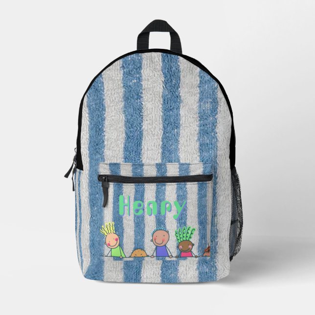 Personalized Blue Stripe  Printed Backpack (Front)