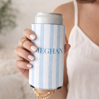 Personalized Blue Stripe Slim Can Cooler – Custom
