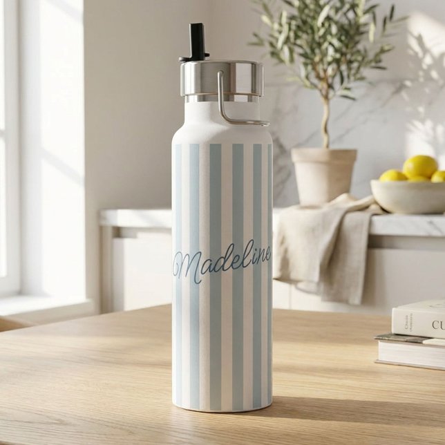 Personalized Blue Stripe Water Bottle with Name (Custom water bottle with blue and white vertical stripes and the name Madeline in elegant script)