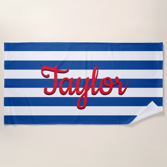 Personalized Blue Striped Beach Towel (Front)