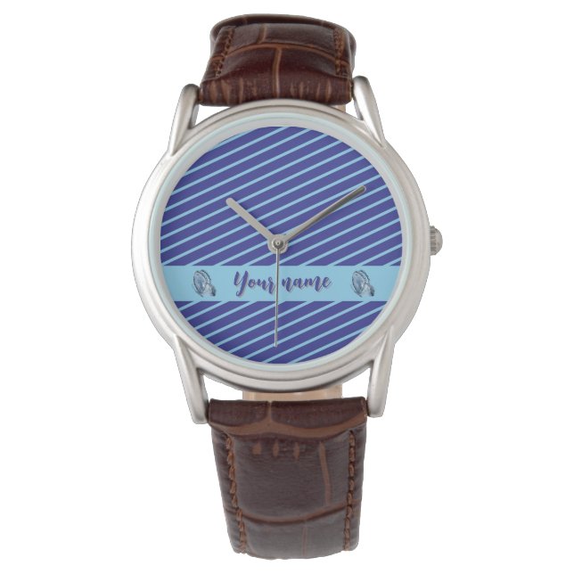 Personalized Blue Striped Modern Minimalist Design Watch (Front)