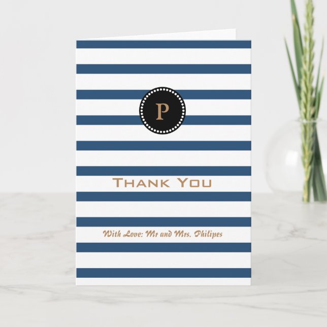 Personalized Blue Striped Monogram Thank You Card (Front)