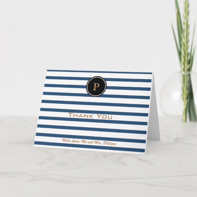 Personalized Blue Striped Monogram Thank You Card (Front)