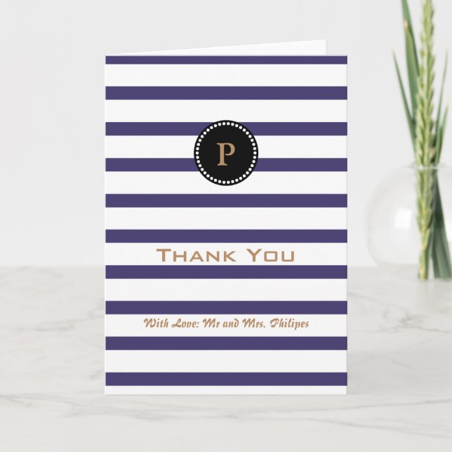 Personalized Blue Striped Monogram Thank You Card (Front)