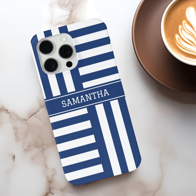 Personalized Blue Stripes Chic White Name Modern Case-Mate iPhone Case (Personalized Blue Stripes Chic White Name Modern Case-Mate iPhone Case)