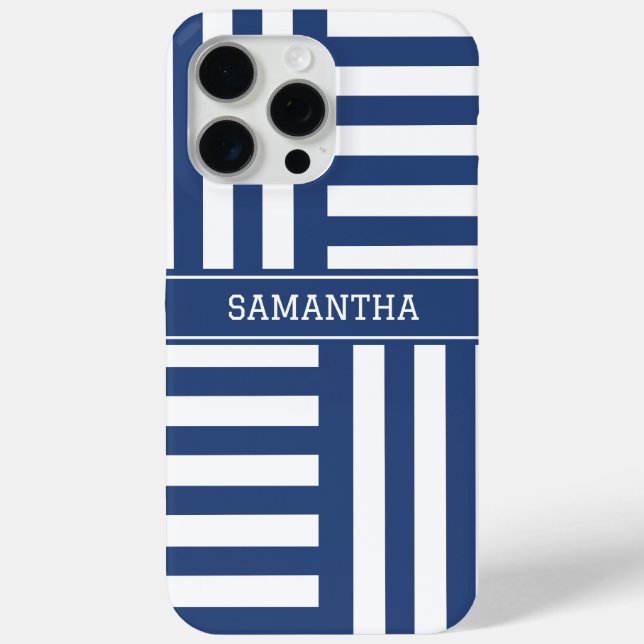 Personalized Blue Stripes Chic White Name Modern Case-Mate iPhone Case (Back)