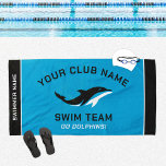 Personalized Blue Swim Team Swimmer Name Beach Towel<br><div class="desc">Personalized swim team pool towel design for swimmers features custom text for the swimmer's first and last name, swim team club name, and mascot or other text. Add your team logo to the dolphin placeholder image. The colour scheme of ocean blue, black and white can be modified to coordinate with...</div>