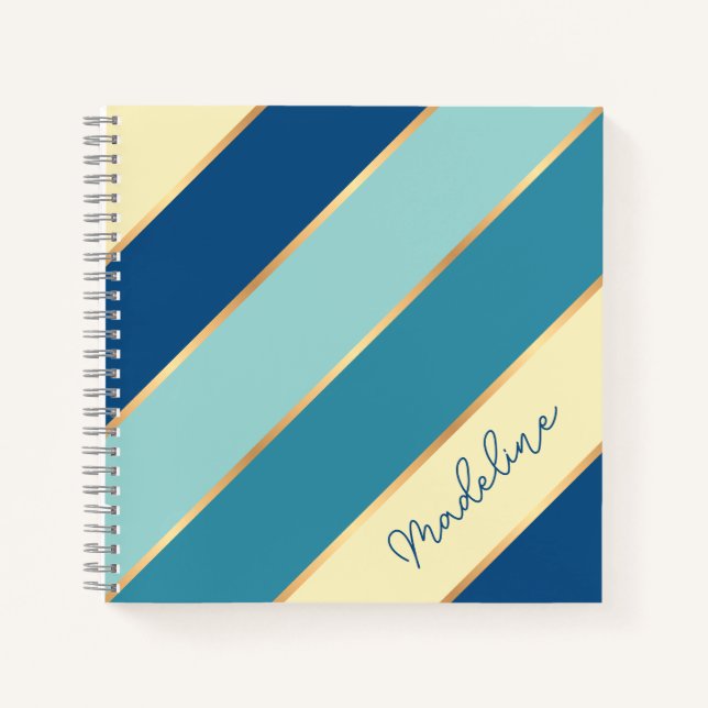 Personalized Blue Teal Green Yellow Gold Stripe Notebook (Front)