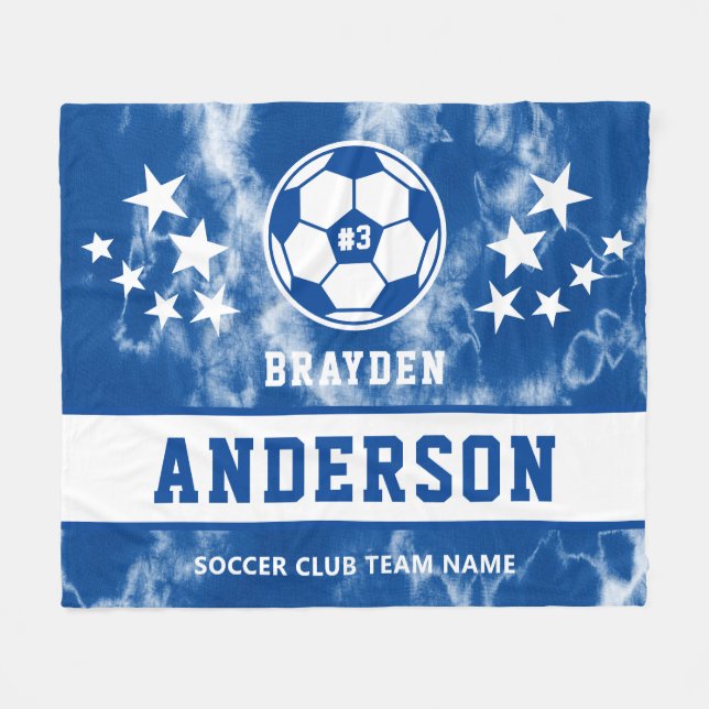 Personalized Blue Tie Dye Soccer Player Name Fleece Blanket (Front (Horizontal))
