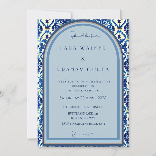 Personalized Blue Tile Elegance Wedding Invitation (Front)