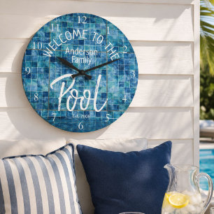 Personalized Blue Tile Welcome to the Family Pool Large Clock