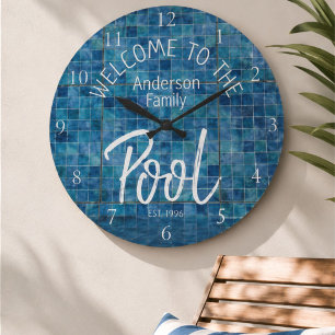 Personalized Blue Tile Welcome to the Family Pool Large Clock
