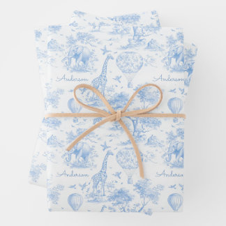 Personalized Blue Toile Safari Baby Shower Gift Wrapping Paper Sheet