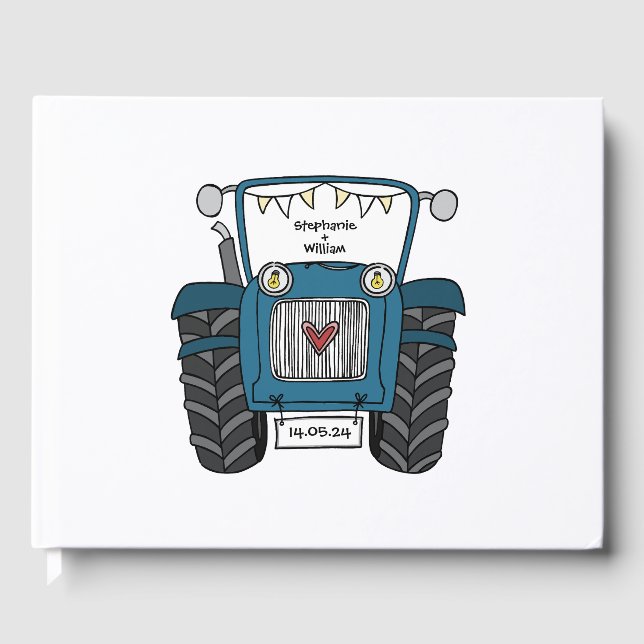 Personalized Blue Tractor Country Farm Wedding Guest Book (Front)