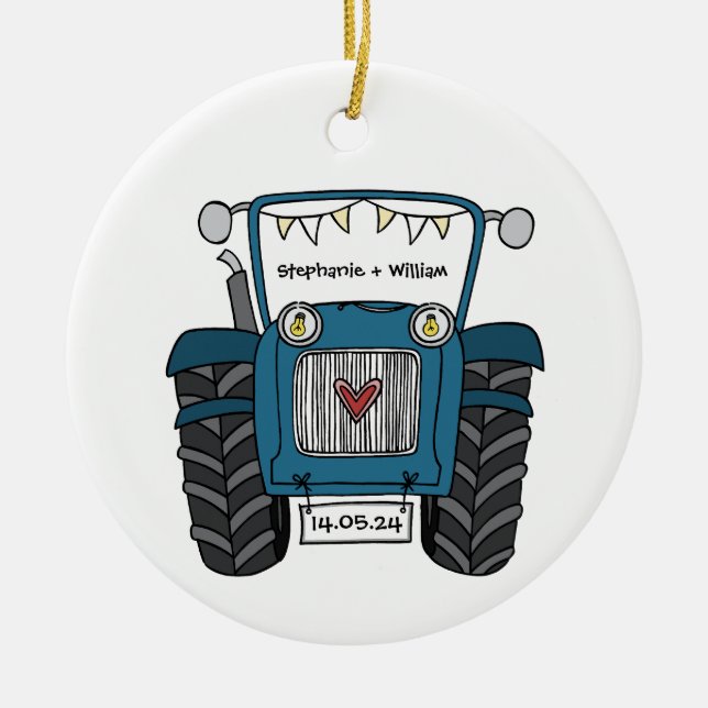 Personalized Blue Tractor Country Wedding Gift Ceramic Ornament (Front)