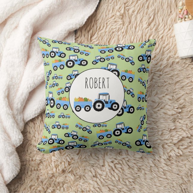 Personalized Blue Tractor Truck Farm Produce Throw Pillow (Blanket)