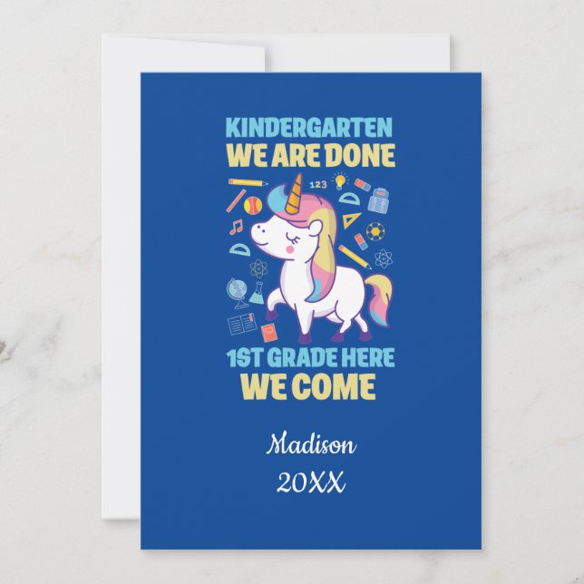 Personalized Blue Unicorn Kindergarten Graduation  Invitation (Front)