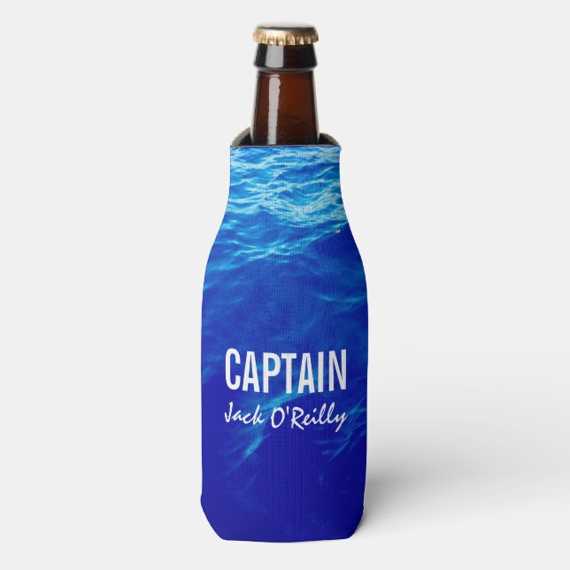 Personalized Blue Water Photo Fishing Boat Captain Bottle Cooler (Bottle Front)