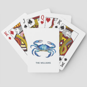Personalized Blue Watercolor Crab Summer Beach Playing Cards
