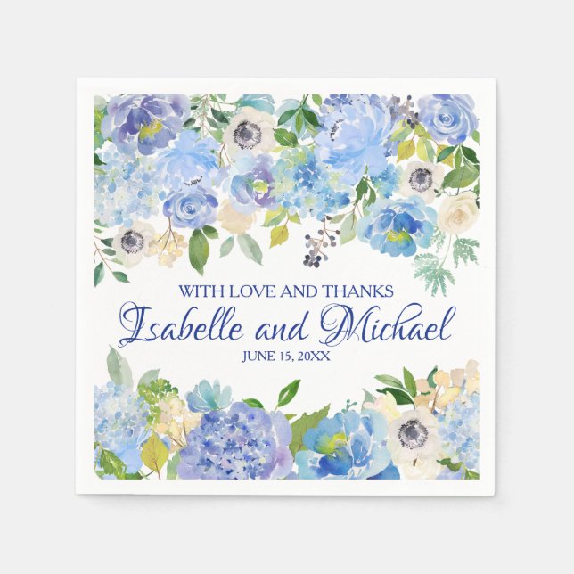 Personalized Blue Watercolor Floral Napkin (Front)