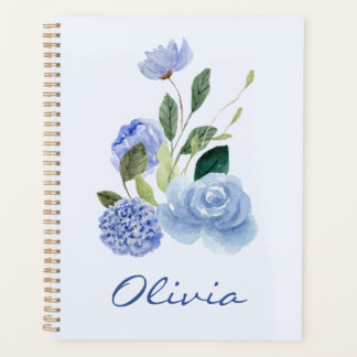 Personalized Blue Watercolor Floral Spiral Jouranl Planner