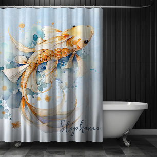 Personalized Blue Watercolor Gold Koi Fish