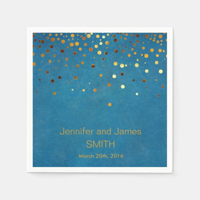 Personalized Blue Wedding Confetti Gold Glitter Napkin (Front)